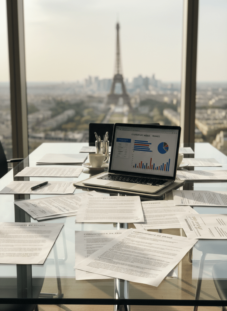 A sleek glass conference table covered with meticulously arranged French-language press releases, annotated strategy documents, and a single open silver laptop displaying a media coverage dashboard. The table sits in a high-floor modern office with floor-to-ceiling windows revealing a softly blurred Paris skyline, including a distant Eiffel Tower silhouette. Late afternoon natural light pours in, creating crisp reflections on the glass surface and subtle shadows along the papers’ edges. Photographic realism with a clean, minimalist aesthetic, shot from a slightly elevated angle using shallow depth of field so the foreground documents are in sharp focus while the city beyond fades into creamy bokeh, conveying sophisticated, effective international PR for the French market.