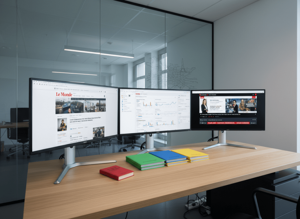 A sophisticated media-monitoring setup on a light oak desk: three ultra-thin monitors aligned in a seamless row, each screen displaying different French online newspapers, social media dashboards in French, and TV news tickers, all with clean, legible interfaces. Beneath, a compact French-French dictionary and a stack of color-coded client dossiers create discreet pops of color. The environment is a minimalist, glass-walled office with a faint reflection of a stylized Paris map on the far wall. Cool, even LED lighting creates a neutral, professional ambiance without harsh shadows. Photographic, high-resolution realism, captured from a slightly wide, eye-level perspective to show the entire monitoring station, evoking constant vigilance, cultural expertise, and reliable PR oversight for the French market.