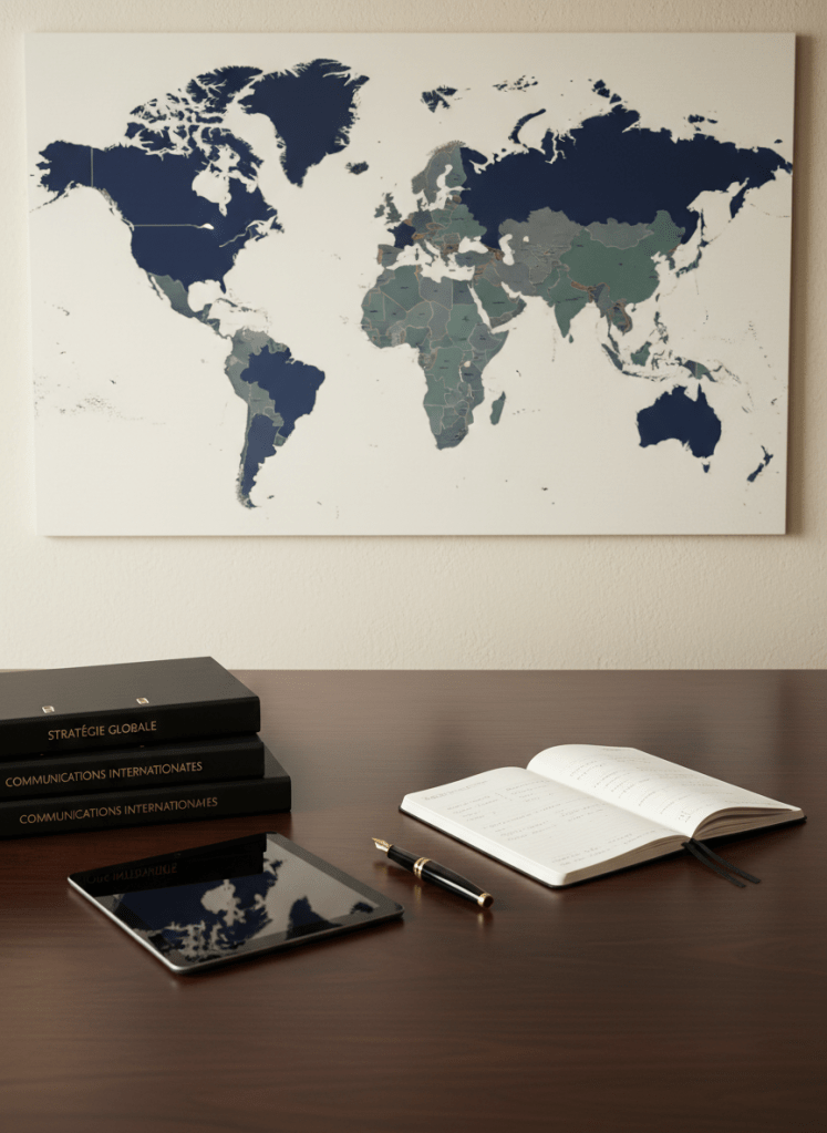 A polished dark-wood desk with an oversized, high-resolution world map pinned on the wall behind it, with France subtly highlighted in a muted gold tone. On the desk, neatly organized branded folders labeled in French, a closed tablet showing a faint reflection of the map, and an elegant black fountain pen rest beside a slim notebook filled with tidy handwritten notes. Soft studio lighting bathes the scene in a warm yet neutral glow, emphasizing textures of paper and wood. Photographic, modern composition at eye level with balanced framing, creating an atmosphere of strategic, tailored international communication focused on the French market, calm and assured, with sharp detail throughout and a corporate, refined mood.