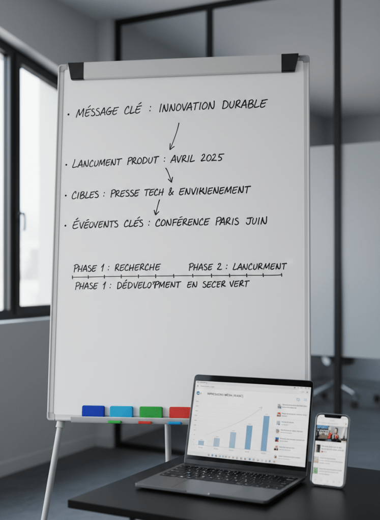 A close-up of a refined PR strategy workspace: a crisp whiteboard filled with neatly written French key messages, arrows, and launch timelines in fine black marker, with color-coded magnetic markers aligned at the bottom rail. In front, a slim, matte-black laptop displays a graph of growing media impressions, while a smartphone on the side shows French news alerts. The setting is a contemporary office with neutral walls and discreet glass partitions, softly blurred. Cool, diffused daylight from a nearby window creates gentle, shadowless illumination. Photographic realism, shot at a three-quarter angle with moderate depth of field, highlighting the whiteboard text while subtly blending the background, evoking clarity, structure, and pragmatic efficiency in French-market communication.