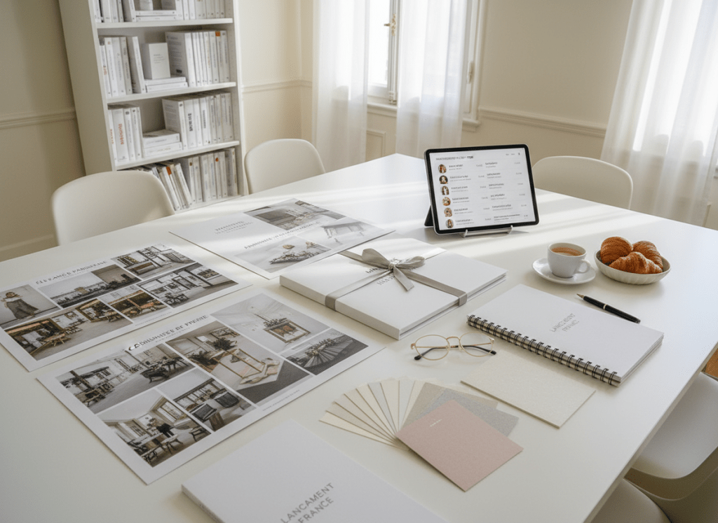 An elegant brand launch planning scene: a large, matte-white table covered with French-language mood boards, print mockups of press kits, and a tablet showing a carefully curated French influencer list. Beside them, delicate swatches of paper stocks and a pair of thin, gold-rimmed reading glasses rest atop a schedule labeled “Lancement France”. The room is a bright, contemporary workspace with pale walls and a distant, out-of-focus bookshelf filled with communication textbooks in French. Gentle morning daylight filters through sheer curtains, casting soft, elongated shadows and a calm, optimistic glow. Photographic realism, shot from a top-down, slightly diagonal angle with sharp focus across the table, conveying meticulous preparation, aesthetic sensitivity, and tailored communication for entering the French market.