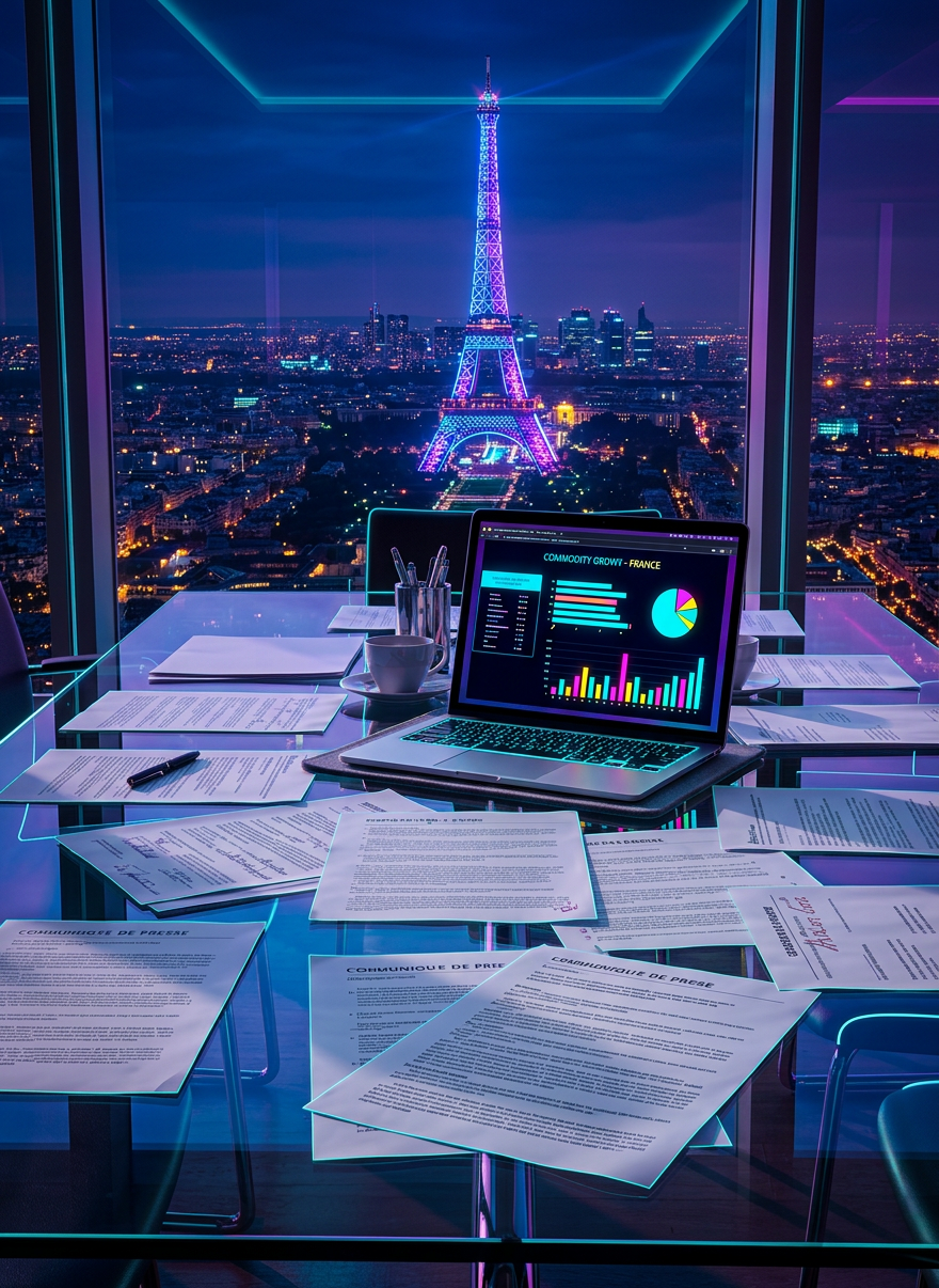A sleek glass conference table covered with meticulously arranged French-language press releases, annotated strategy documents, and a single open silver laptop displaying a media coverage dashboard. The table sits in a high-floor modern office with floor-to-ceiling windows revealing a softly blurred Paris skyline, including a distant Eiffel Tower silhouette. Late afternoon natural light pours in, creating crisp reflections on the glass surface and subtle shadows along the papers’ edges. Photographic realism with a clean, minimalist aesthetic, shot from a slightly elevated angle using shallow depth of field so the foreground documents are in sharp focus while the city beyond fades into creamy bokeh, conveying sophisticated, effective international PR for the French market.
