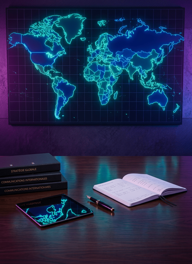 A polished dark-wood desk with an oversized, high-resolution world map pinned on the wall behind it, with France subtly highlighted in a muted gold tone. On the desk, neatly organized branded folders labeled in French, a closed tablet showing a faint reflection of the map, and an elegant black fountain pen rest beside a slim notebook filled with tidy handwritten notes. Soft studio lighting bathes the scene in a warm yet neutral glow, emphasizing textures of paper and wood. Photographic, modern composition at eye level with balanced framing, creating an atmosphere of strategic, tailored international communication focused on the French market, calm and assured, with sharp detail throughout and a corporate, refined mood.