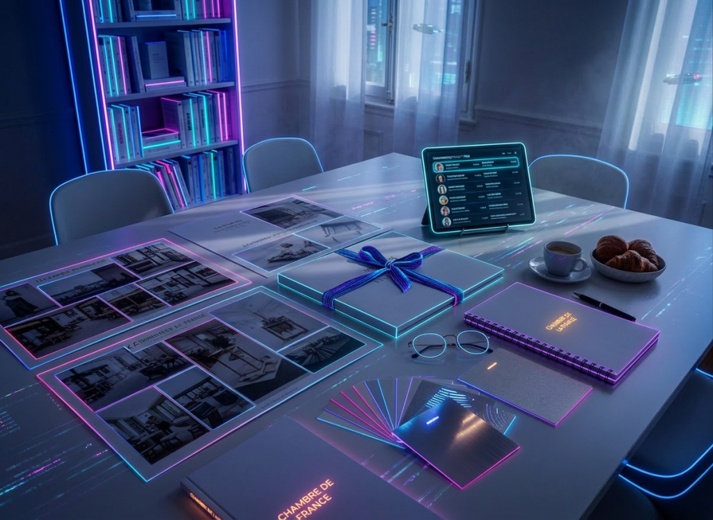 An elegant brand launch planning scene: a large, matte-white table covered with French-language mood boards, print mockups of press kits, and a tablet showing a carefully curated French influencer list. Beside them, delicate swatches of paper stocks and a pair of thin, gold-rimmed reading glasses rest atop a schedule labeled “Lancement France”. The room is a bright, contemporary workspace with pale walls and a distant, out-of-focus bookshelf filled with communication textbooks in French. Gentle morning daylight filters through sheer curtains, casting soft, elongated shadows and a calm, optimistic glow. Photographic realism, shot from a top-down, slightly diagonal angle with sharp focus across the table, conveying meticulous preparation, aesthetic sensitivity, and tailored communication for entering the French market.