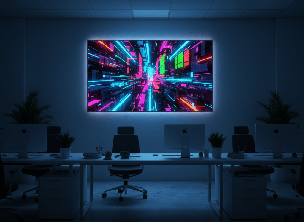 Améliorer la photo existante avec un tableau dans un style neonpunk, couleurs vives, contrastes accentués, ambiance futuriste mais professionnelle, adaptée à un site de communication.